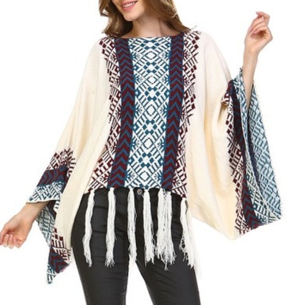 Bohemian cream tassel Poncho Sweater pullo… - Picture 1 of 10